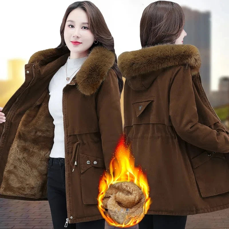 Women's winter jacket by Lamp Post in wine red, large size cotton outerwear with a cozy, stylish fit for cold weather.
