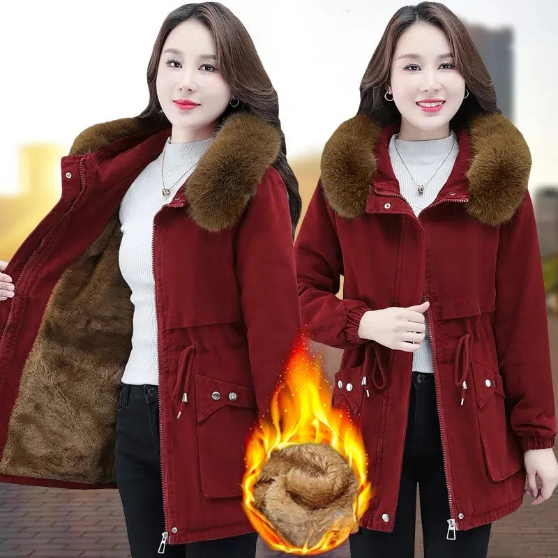 Wine red women's winter jacket by Lamp Post, large size cotton outerwear with a cozy, stylish fit for cold weather.