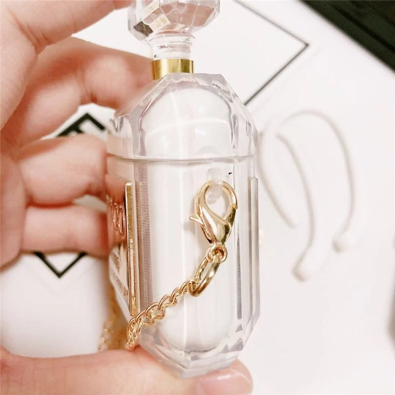 Black silicone case for AirPods featuring a women’s perfume bottle design by Lamp Post, protective and stylish accessory.