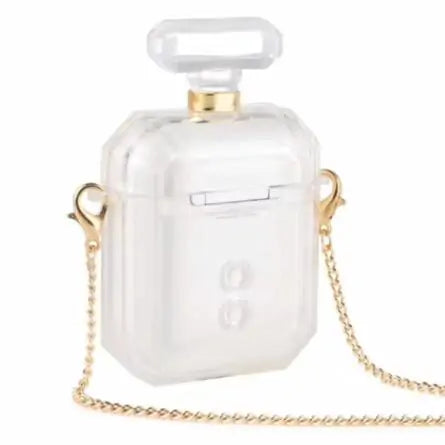 Black silicone case for AirPods designed to resemble a women's perfume bottle by Lamp Post, protective and stylish.