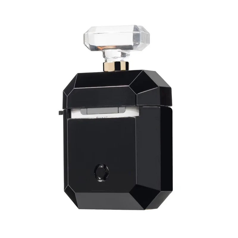 Black silicone case for AirPods featuring a women perfume design by Lamp Post, protecting your AirPods stylishly.