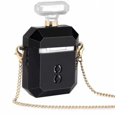 Black silicone case for AirPods shaped like a women's perfume bottle from Lamp Post, designed to protect and personalize your earbuds.