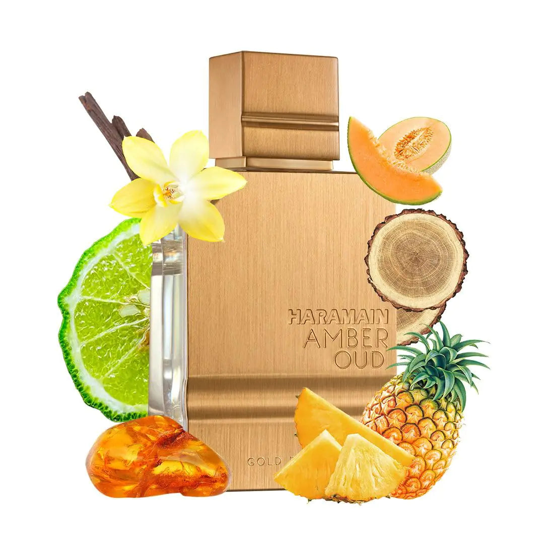 Lamp Post Al Haramain Amber Oud Gold Edition perfume bottle for women, elegant 2 oz Arabian fragrance with gold accents.