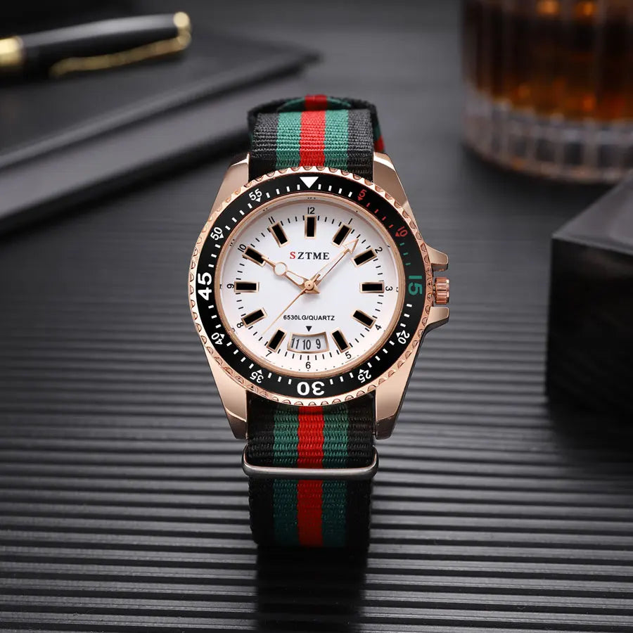 Women’s silver and white nylon strap calendar watch by Lamp Post with a sleek design, night light feature, and quartz movement.