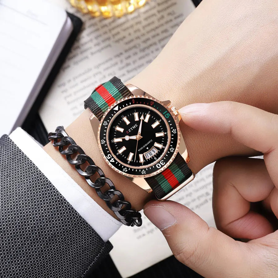 Silver women's nylon strap calendar watch by Lamp Post with night light feature, simple and luxurious quartz design for business wear.