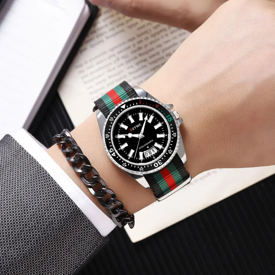 Silver women's nylon strap calendar watch by Lamp Post featuring a sleek design, night light quartz movement, and luxurious style.