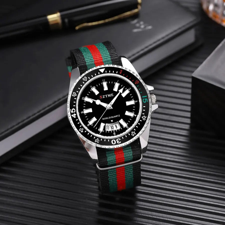 Silver women's nylon strap calendar watch by Lamp Post featuring a sleek design and night light quartz movement.