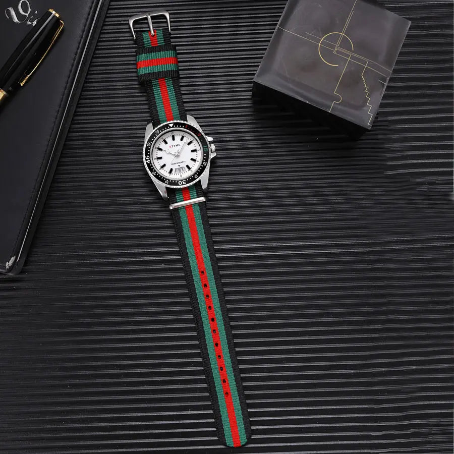 Elegant silver and white nylon strap women's watch by Lamp Post, featuring a sleek calendar design and night light quartz movement.