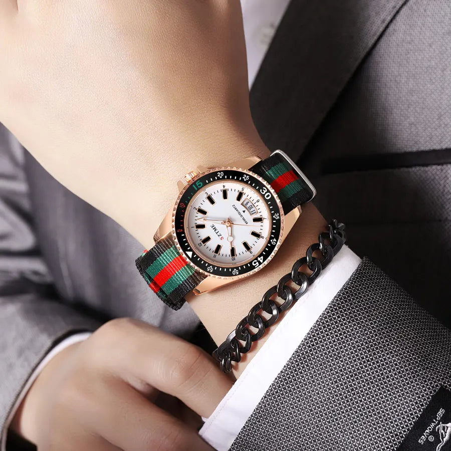 Silver women's Lamp Post nylon strap calendar watch with night light, quartz movement, luxurious and simple design for business use.
