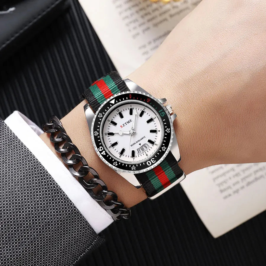 Women’s silver and white nylon strap calendar watch by Lamp Post, featuring a sleek, luxurious design with night light quartz functionality.