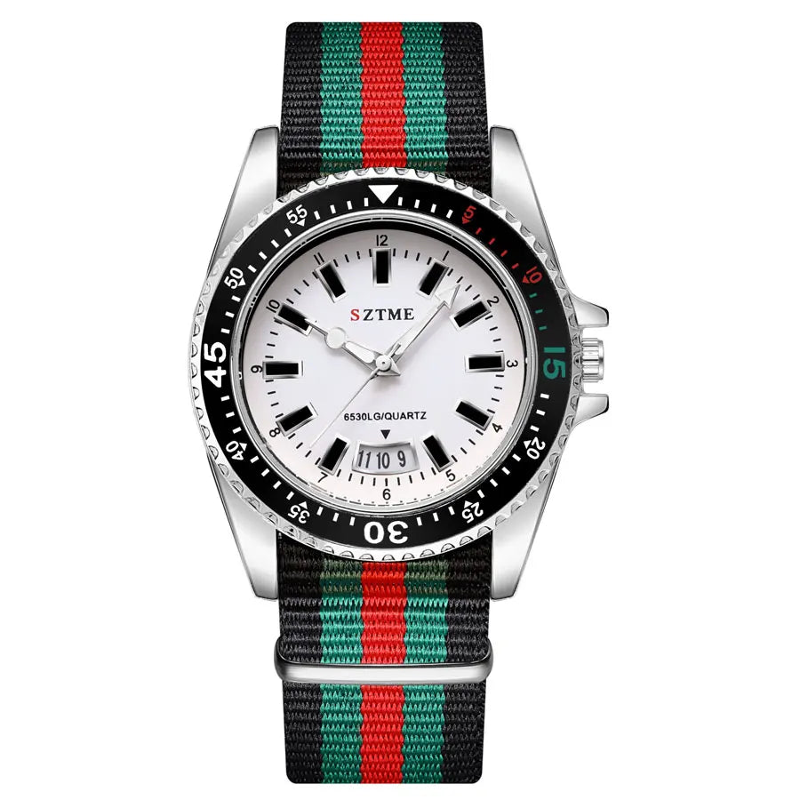 Women’s silver-white nylon strap calendar watch by Lamp Post with a sleek design, night light feature, and quartz movement.