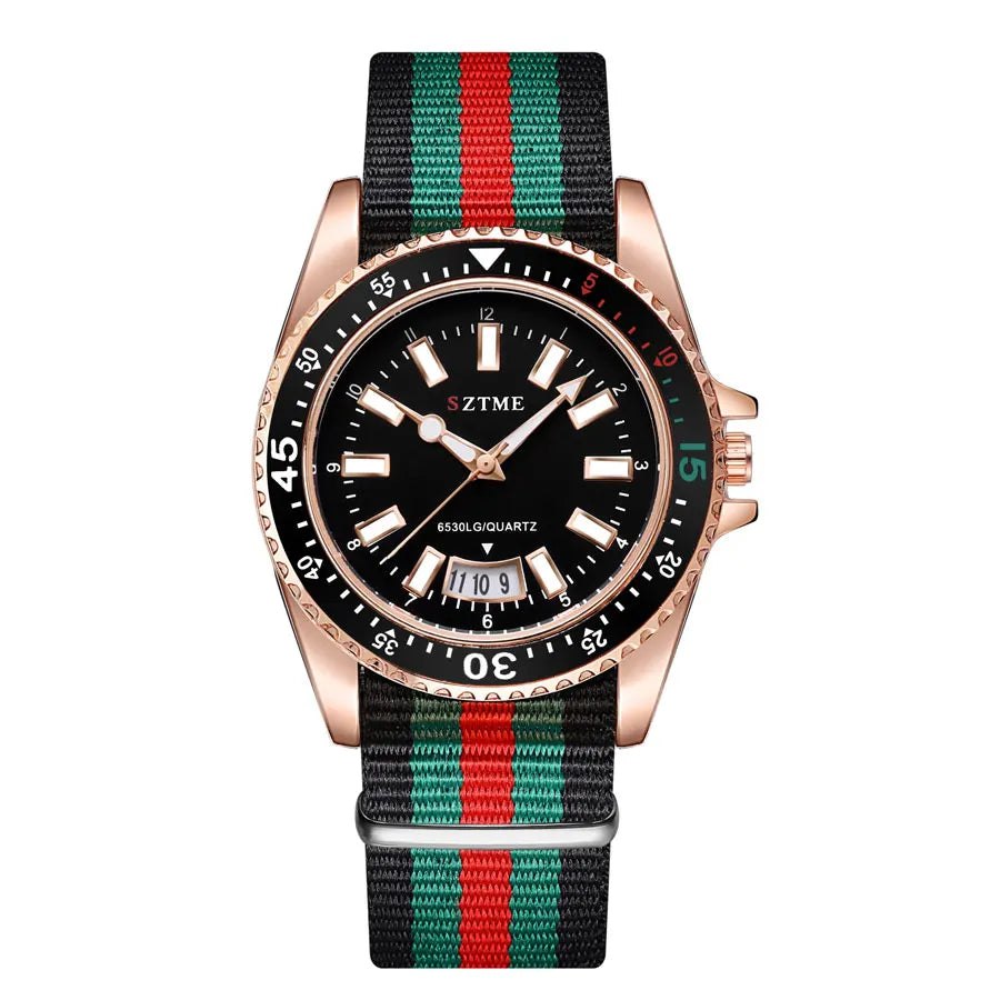 Silver women's Lamp Post nylon strap calendar watch with night light, simple and luxurious design, suitable for business and casual wear.