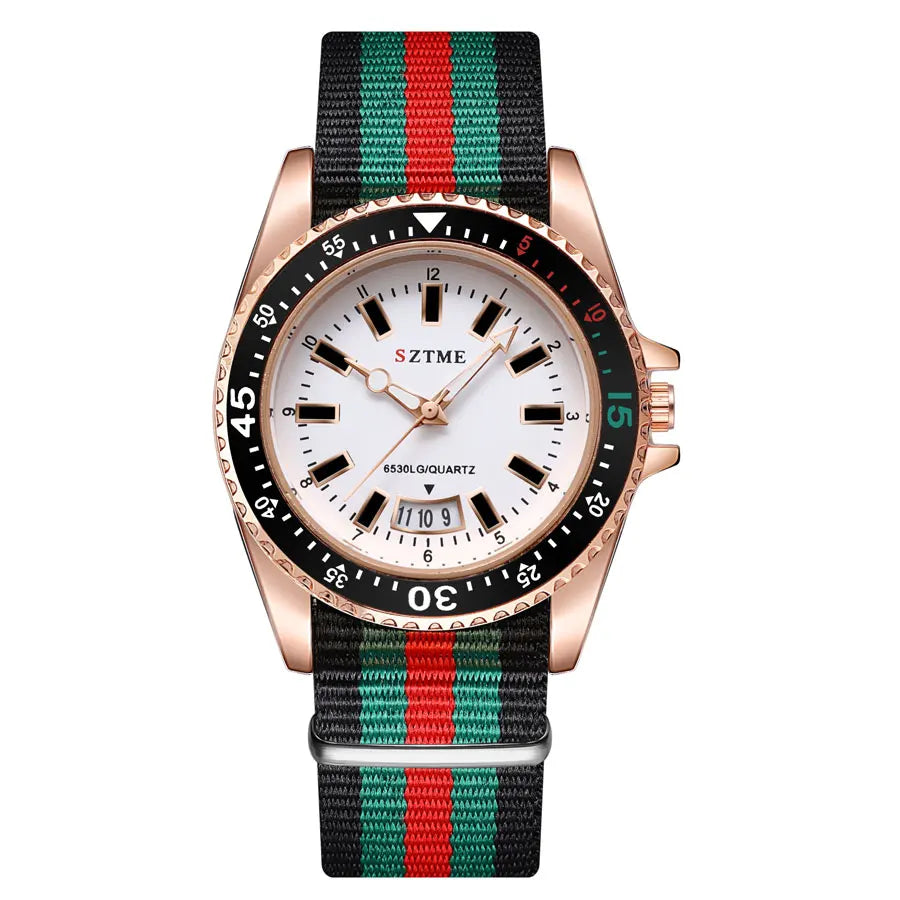 Silver white women's nylon strap calendar watch by Lamp Post featuring a sleek design and night light quartz movement.