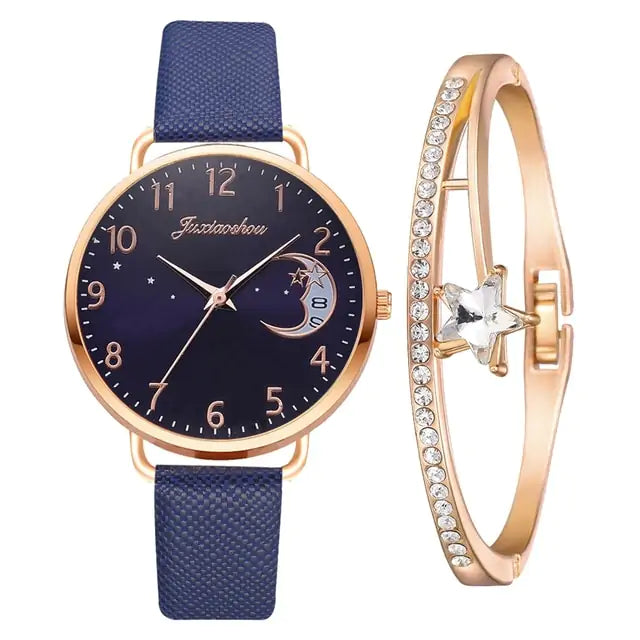 Women bracelet and watch set by Lamp Post featuring stylish jewelry and a matching watch on a white background.