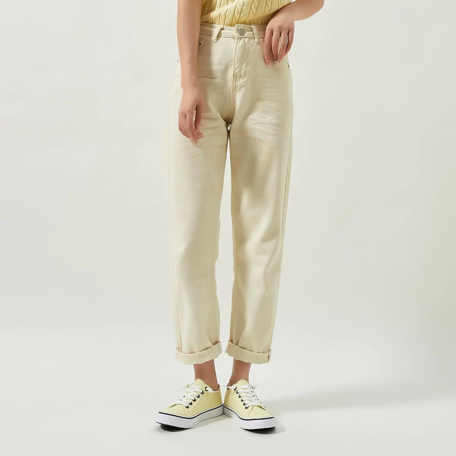 Yellow women's canvas sneaker by Lamp Post with white rubber sole and laces, casual footwear for everyday wear
