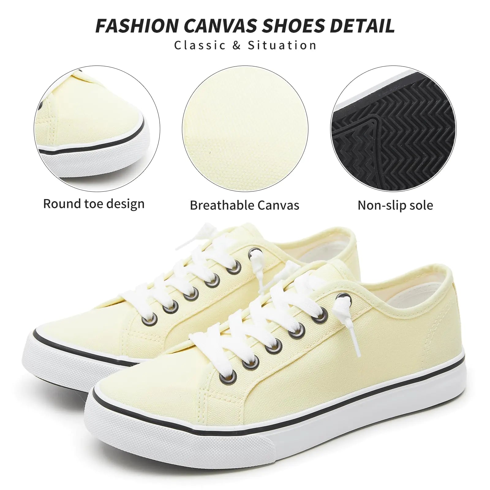 Yellow women's canvas sneaker by Lamp Post featuring casual design and white rubber sole.