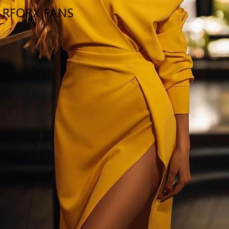 Yellow fashionable women’s dress by Lamp Post, showcasing a stylish, large design with elegant fabric and trendy silhouette.