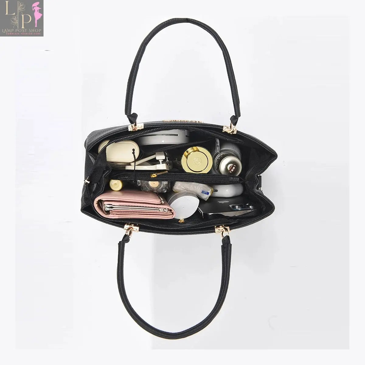 Pink classic elegant women's handbag with top handle and crossbody strap, stylish satchel bag and wallet combo.
