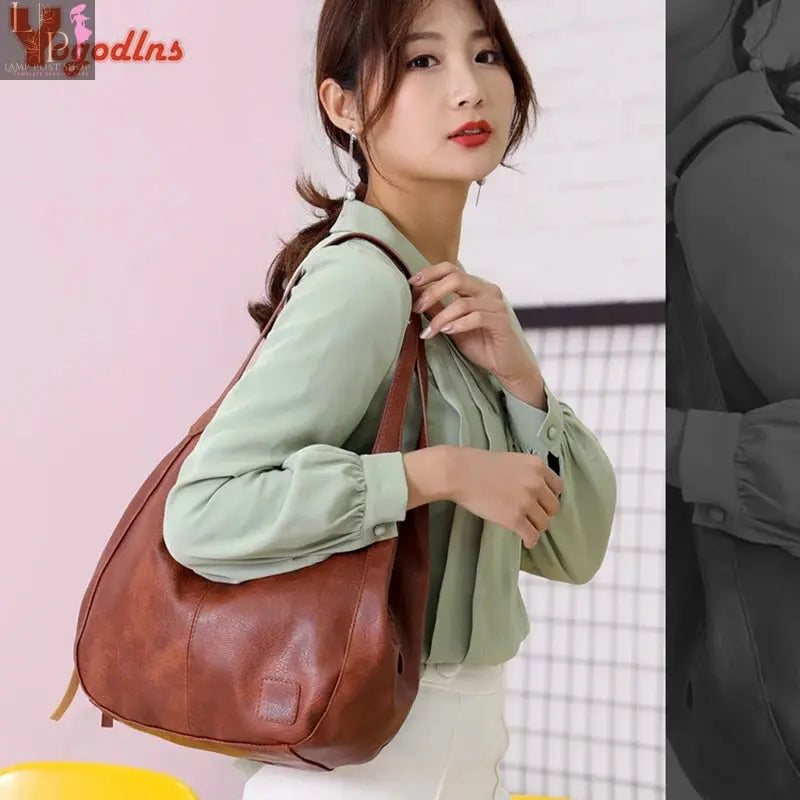 Yogodlns vintage women’s leather shoulder tote bag with top handle, designer luxury handbag in coffee color.