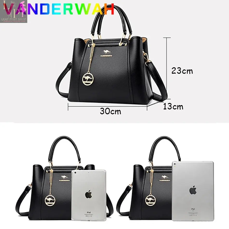 Green soft leather luxury handbag for women with 3 layers, shoulder and crossbody straps, large capacity tote, designer style.