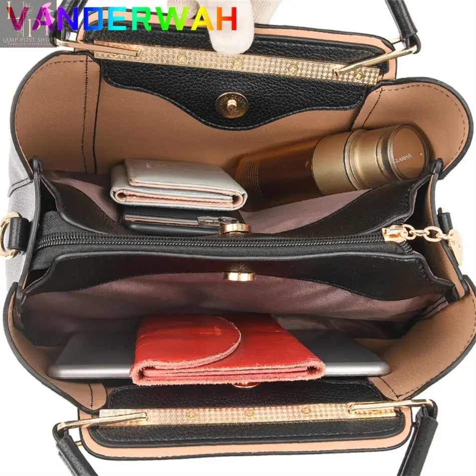 Green soft leather luxury handbag by My Store featuring three layered design, shoulder strap, crossbody style, and large capacity tote