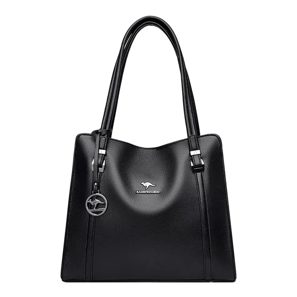 Green soft leather luxury handbag with three layers, shoulder strap, and large capacity for women’s shopping and messenger use.