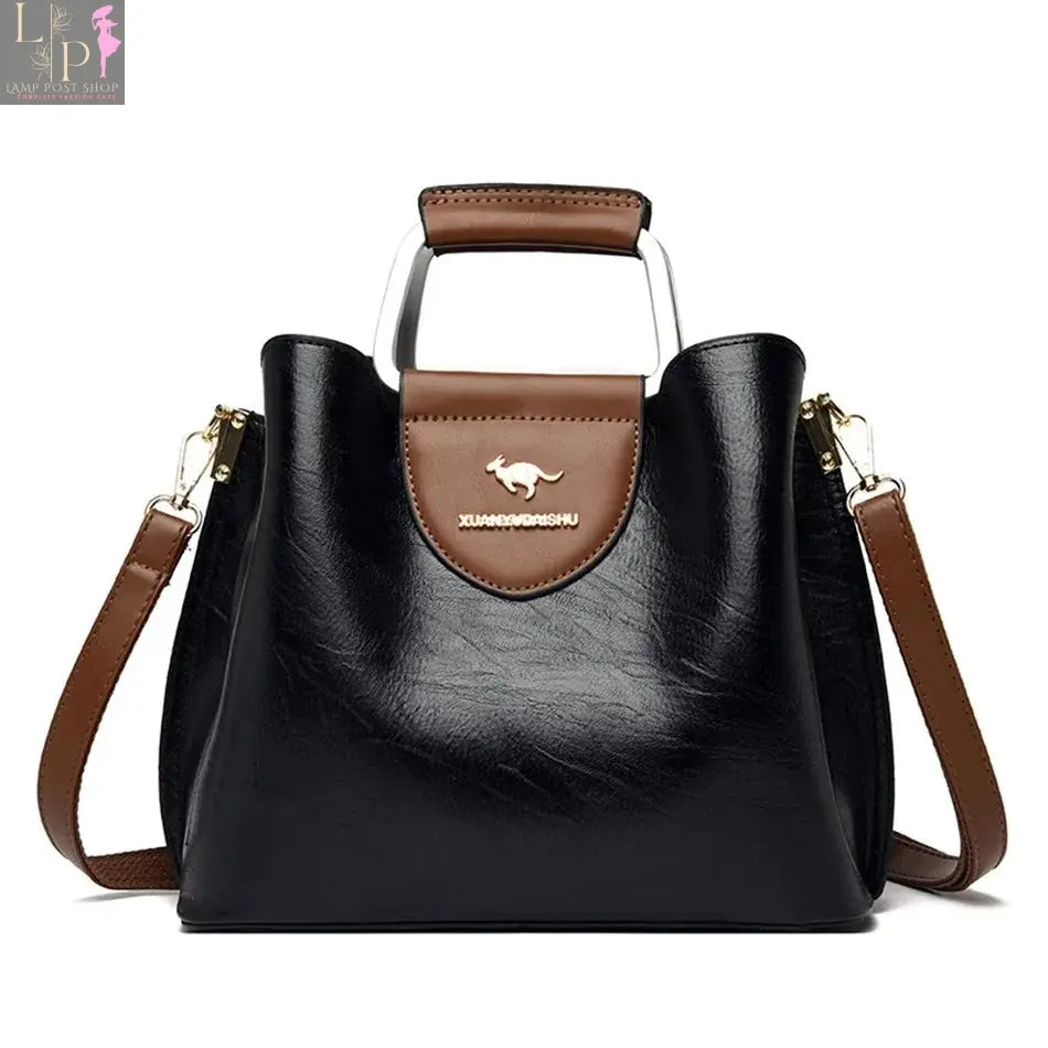 Green soft leather luxury handbag for women with 3 layers, shoulder strap, crossbody style, large capacity shopping messenger tote