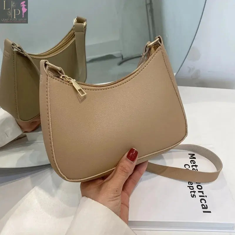 Khaki leather shoulder underarm bag for women, casual hobo style with adjustable strap and spacious interior, fashionable handbag for women