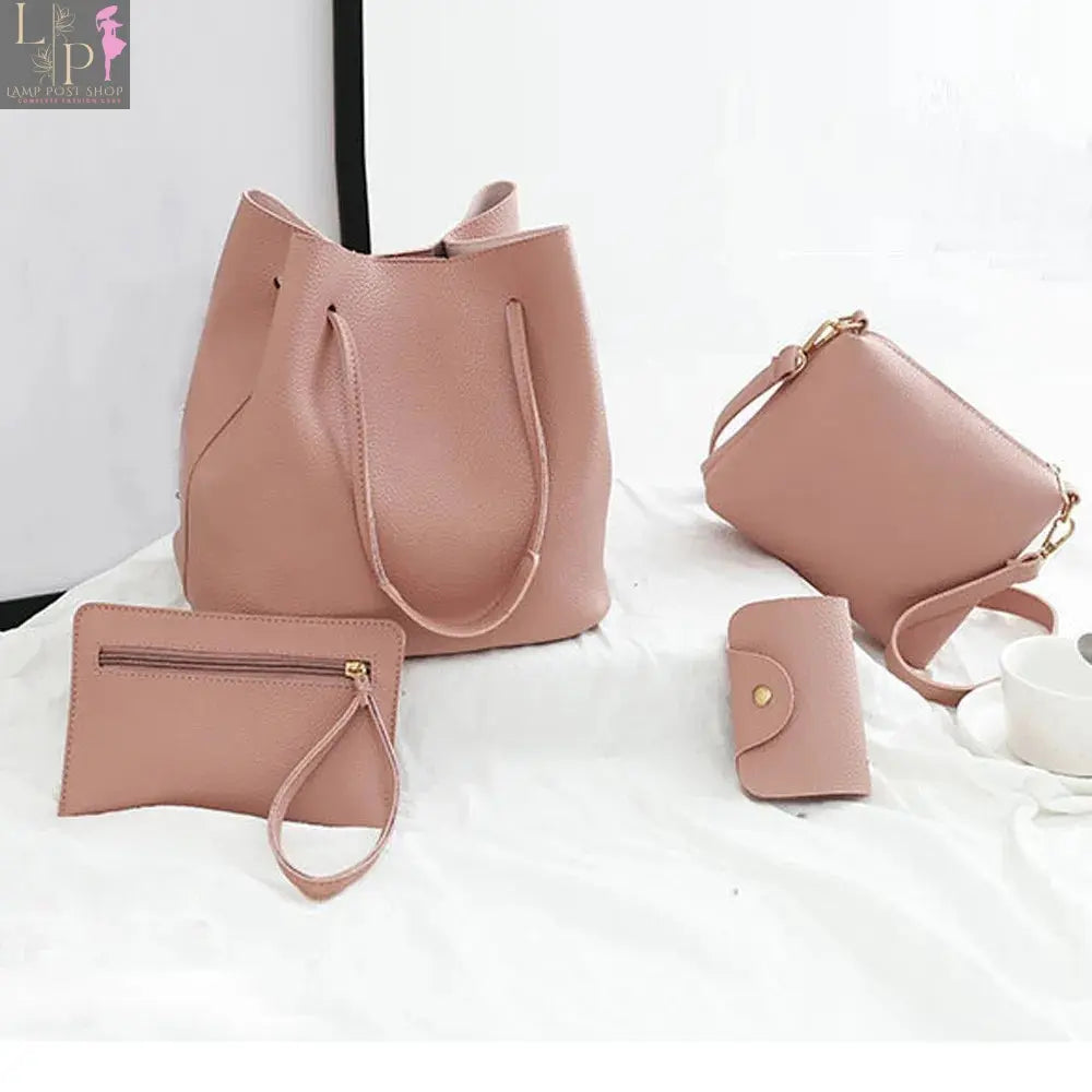 Set of four red women's crossbody bags with adjustable straps, stylish and versatile for casual or dressy outfits.