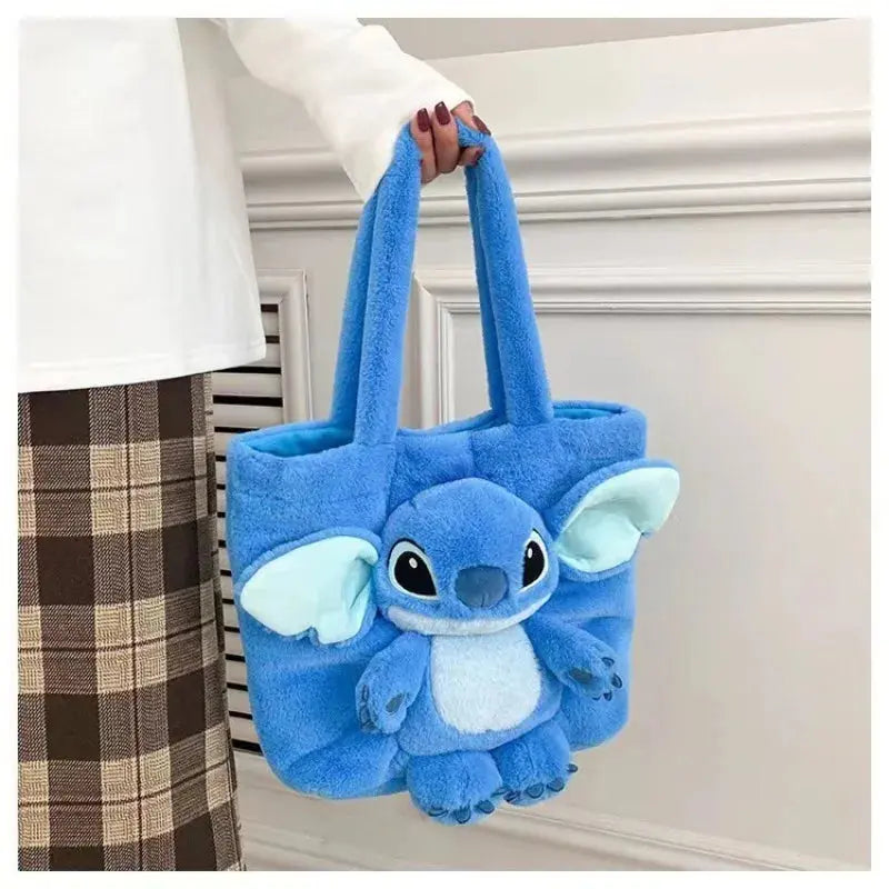 Disney 2024 cartoon plush shoulder bag featuring Stitch, Strawberry Bear, and soft plush material, ideal for girls' accessories.