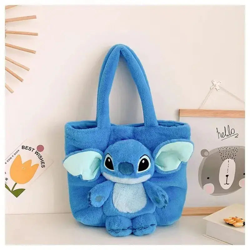 Disney 2024 plush Stitch and Strawberry Bear shoulder bag featuring soft, colorful cartoon plush doll design for girls.