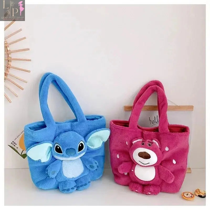 Disney 2024 cartoon plush doll shoulder bag featuring Stitch and strawberry bear designs, soft and cute girls' handbag.