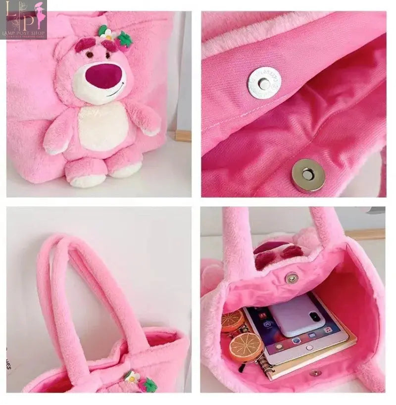 Disney 2024 plush cartoon shoulder bag featuring Stitch, strawberry bear, and cute soft plush design for girls.