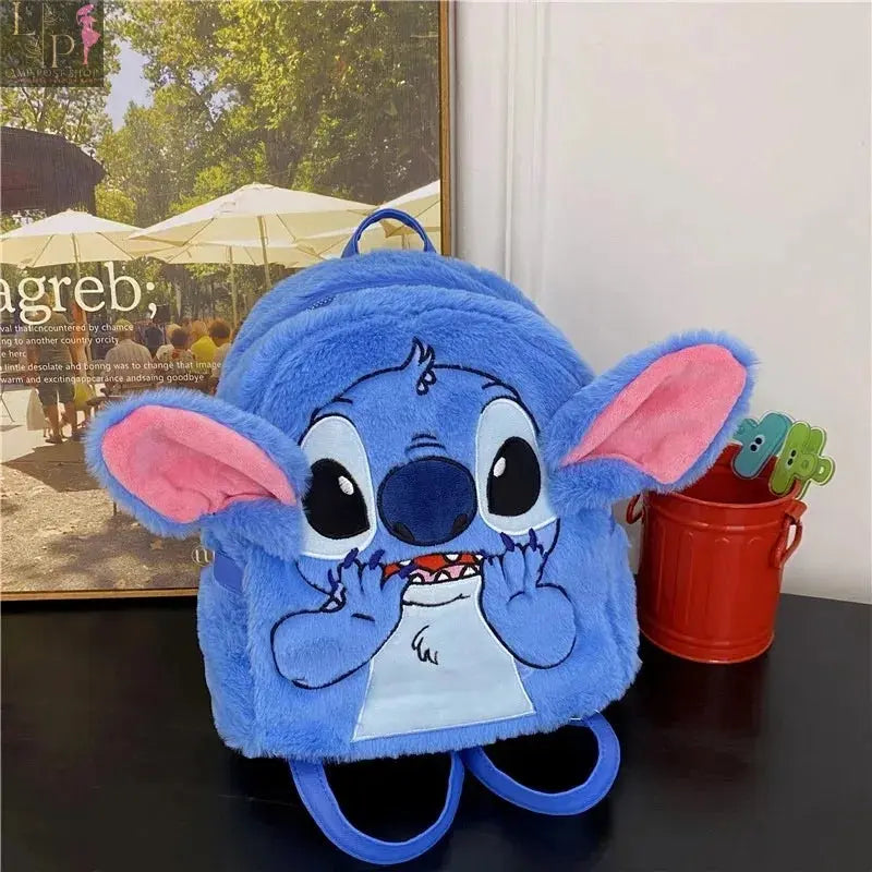 Disney 2024 plush cartoon shoulder bag featuring Stitch and strawberry bear characters, soft and cute girls’ handbag.