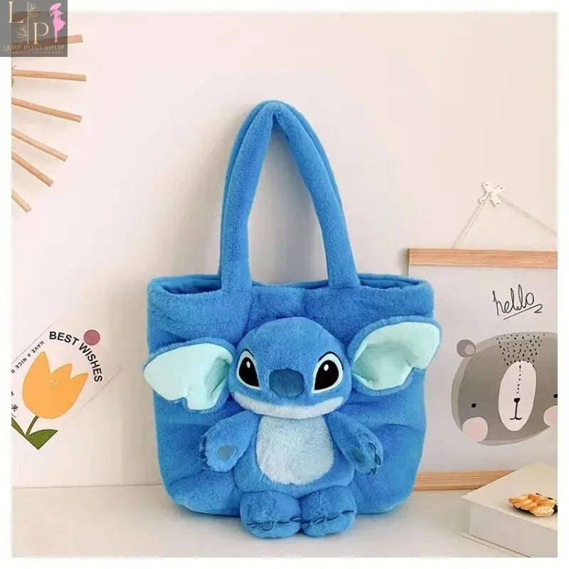 Disney 2024 plush cartoon shoulder bag featuring Stitch, strawberry bear, and soft, cute design, perfect for girls.