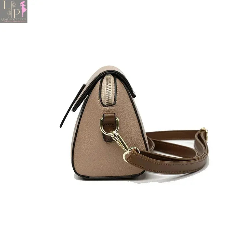 Khaki leather shoulder bag for women with a solid color flap and crossbody strap, stylish and versatile accessory.