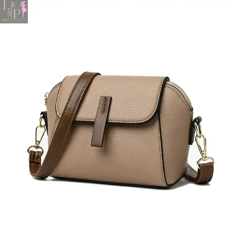 Khaki leather shoulder bag for women, solid color flap crossbody bag with adjustable strap and sleek design.