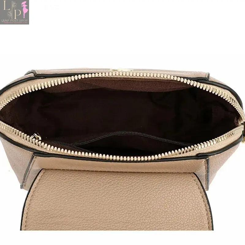 Khaki leather shoulder bag for women with a solid color flap, crossbody style, featuring a sleek and stylish design.