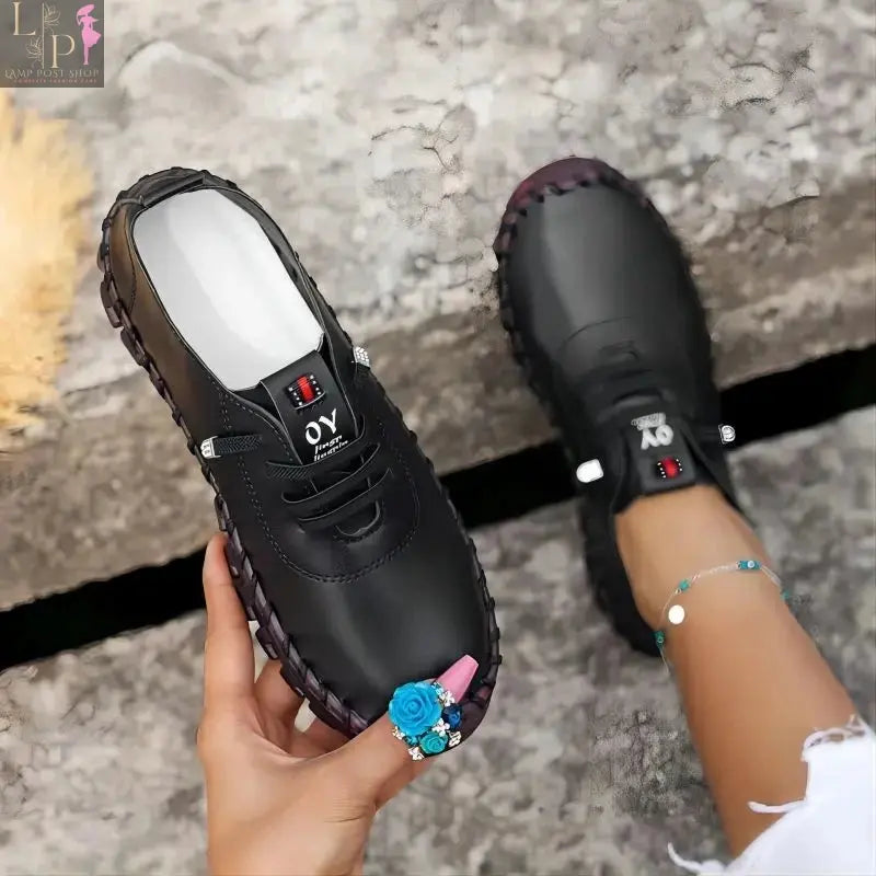 Black leather women's summer shoes, handmade lightweight oxfords with soft soles, large size comfort shoes for moms.