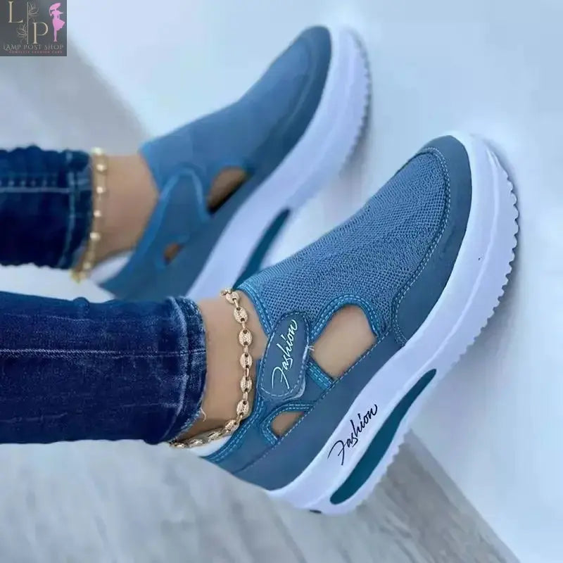 Blue women's platform sneakers with breathable, casual sport design, vulcanized sole, and fashion tennis style for female footwear.