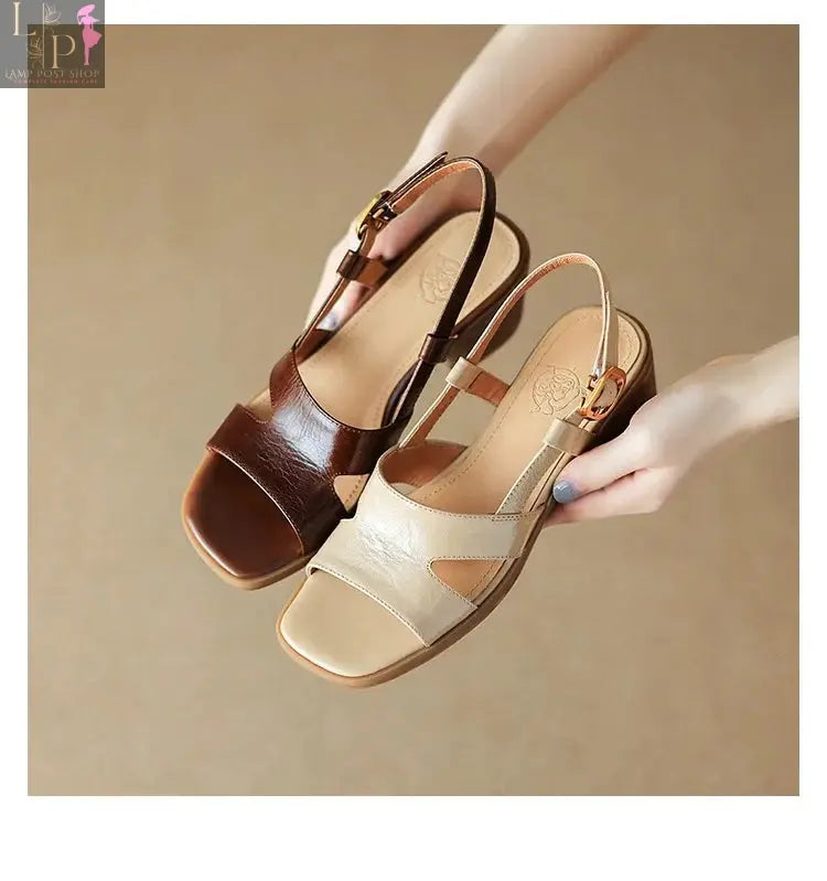 Brown women's open toe PU leather sandals with strap design, perfect for summer beachwear and casual outings.