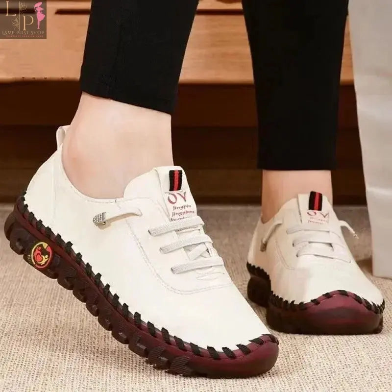 White summer flat women's shoes by My Store, orthopedic loafers with slip-on design, stitched moccasins, and comfortable sole.