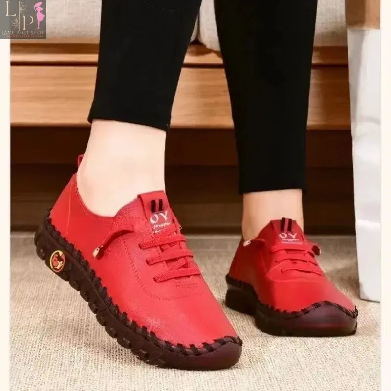 White women's summer flat shoes, orthopedic loafers with slip-on moccasin style, stitched sewing, comfortable mom shoes.