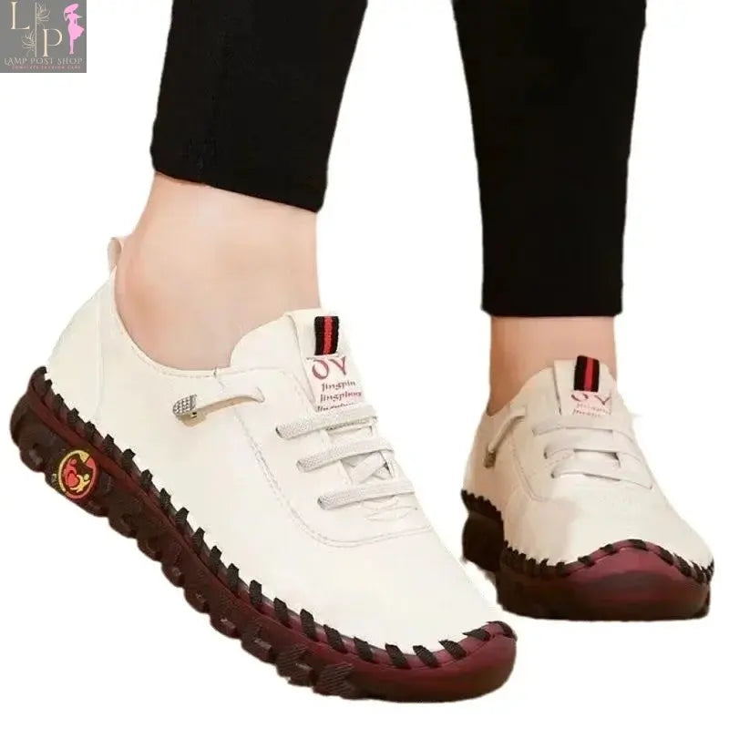 White summer flat women's shoes by My Store, orthopedic loafers with slip-on design and stitched moccasin style for comfortable wear.