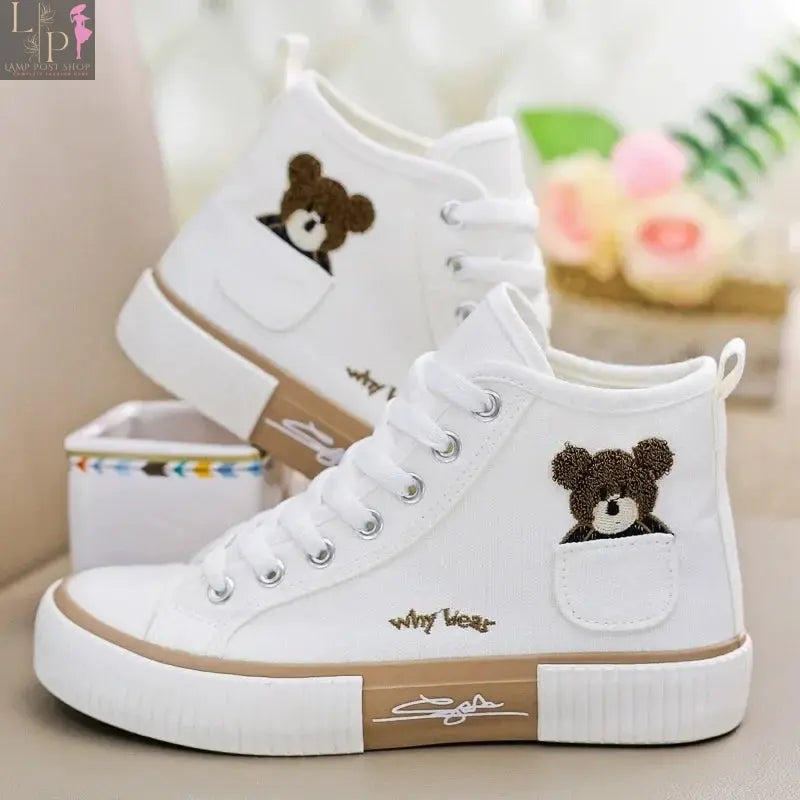 White women’s sneakers by My Store, casual sporty vulcanized shoes with high-top design and flat sole, for everyday wear.