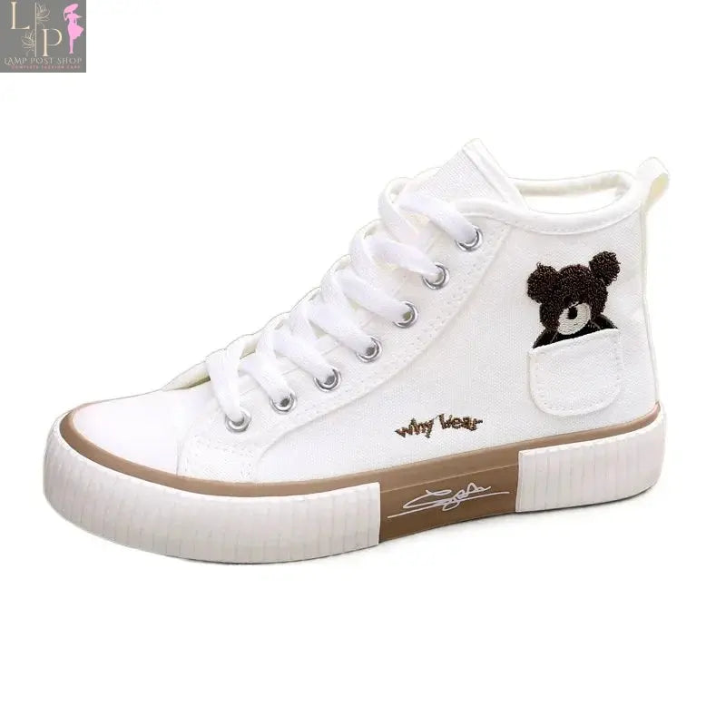 White women’s sneakers by My Store featuring casual vulcanized design, flats, high-top style, perfect for everyday sport and casual wear.