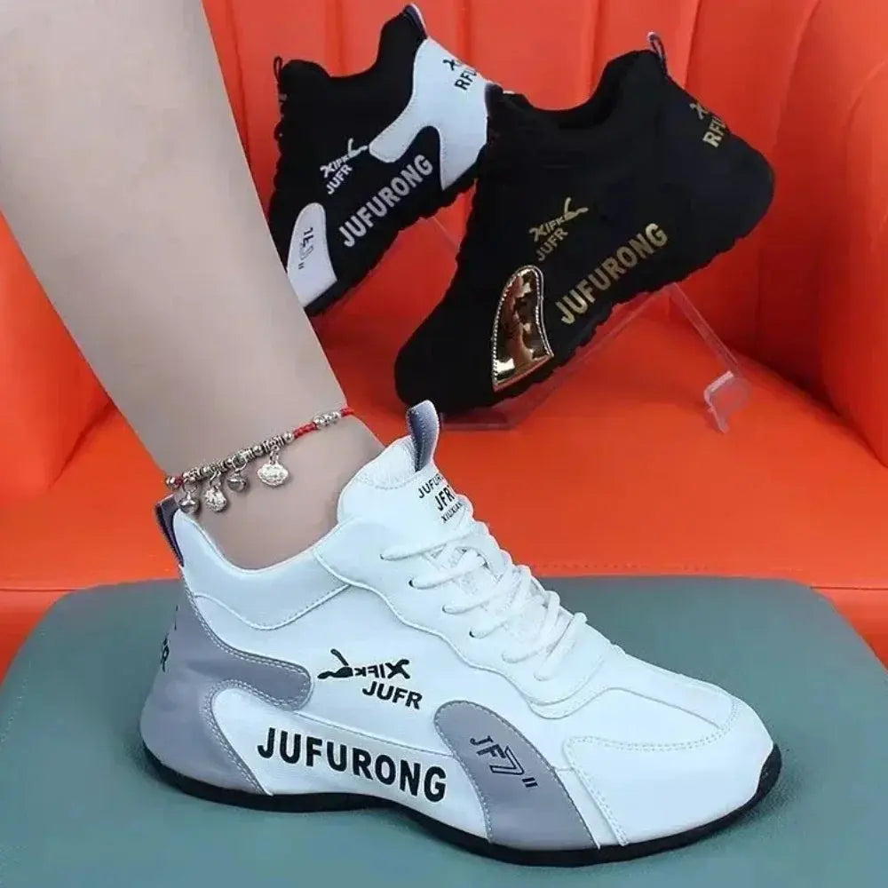 White women's summer sneakers with lace-up design, platform sole, casual sports style, and comfortable walking fit.