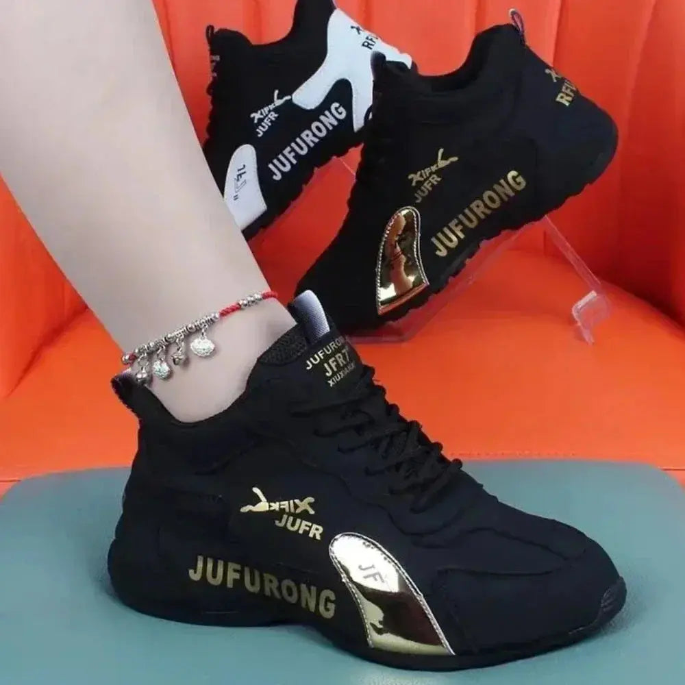 White women’s summer sneakers with lace-up design, platform casual sports shoes for walking and everyday wear.