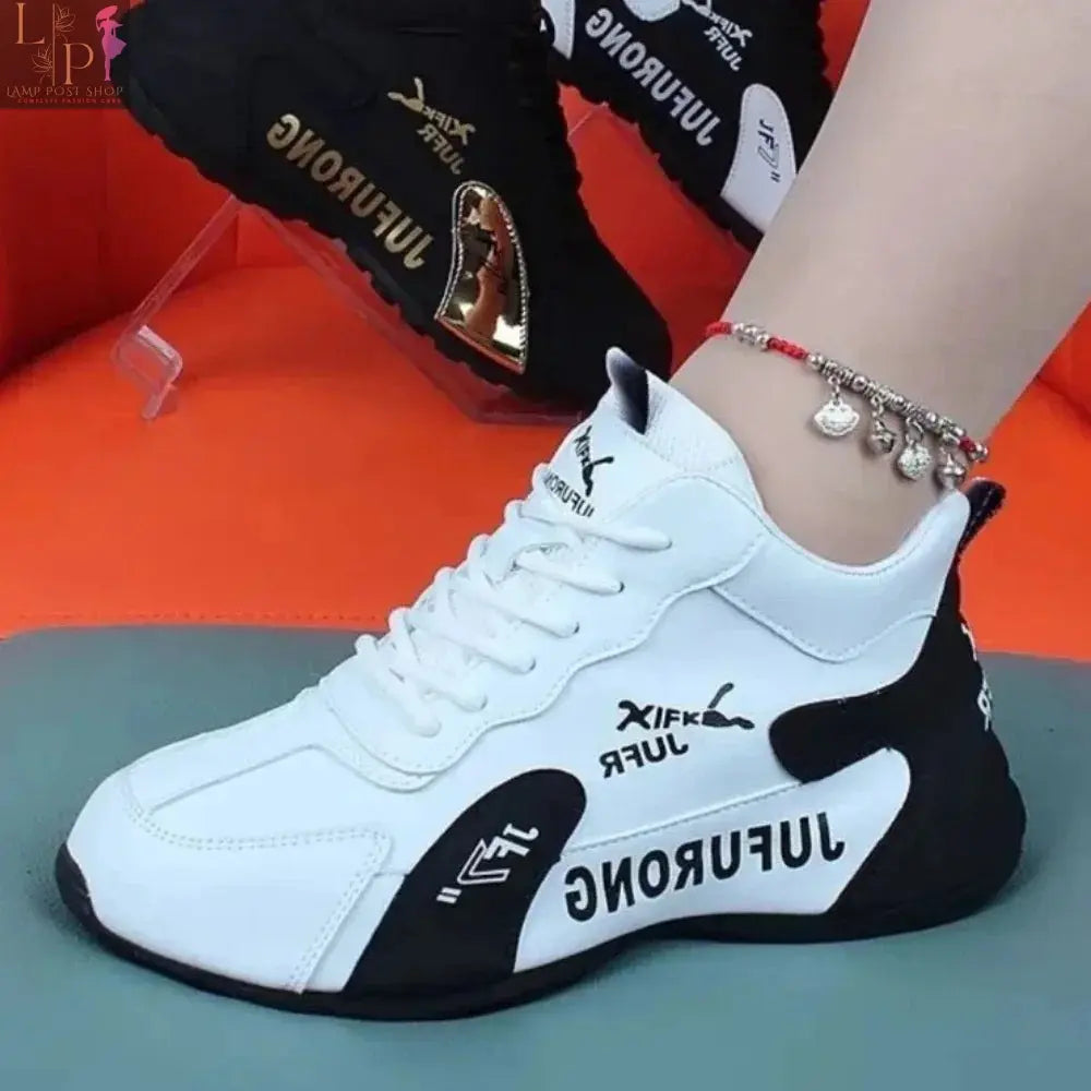 White women's summer sneakers with lace-up design, platform sole, casual sporty style, suitable for walking and everyday wear.
