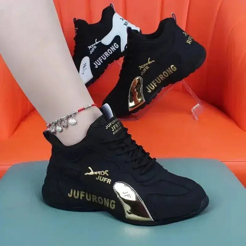 White women's summer sneakers with lace-up design, platform casual sports shoes for walking and everyday wear.